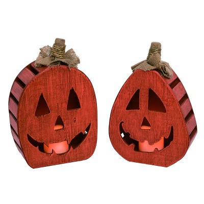 Transpac Metal 14 in. Orange Halloween Light Up Jack-O-Lantern Set of 2