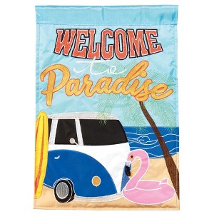Magnolia Garden Welcome to Paradise Bus on Beach 13 x 18 Inch Polyester Garden Flag - 1 of 2