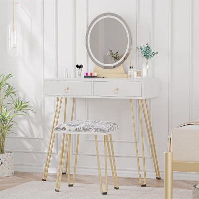 Makeup Vanity Table Set, Makeup Station with Light-Controlled Mirror