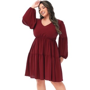 Anna-Kaci Women's Plus Size Tunic V Neck Long Sleeve Smocked Casual Loose Shift Dresses - 1 of 4
