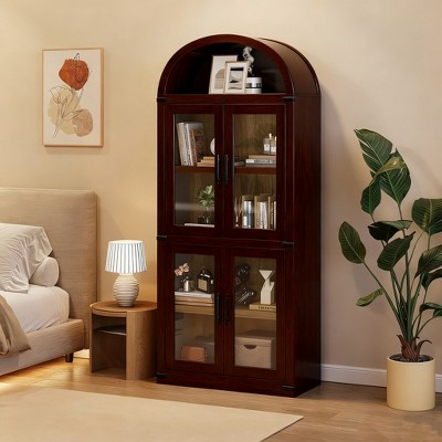 71.4" Tall Arched Farmhouse Bookshelf with Doors - Wood Display Storage Cabinet for Living Room/Kitchen/Office