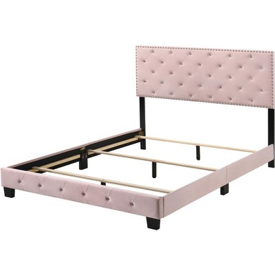 Suffolk Pink Velvet Upholstered Queen Panel Bed with Nailhead Trim