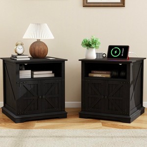 Dyonery Nightstand with Chargers, 24-Inch Wooden Rustic Nightstand, Large Nightstand with Barn Door for Bedroom - 1 of 4