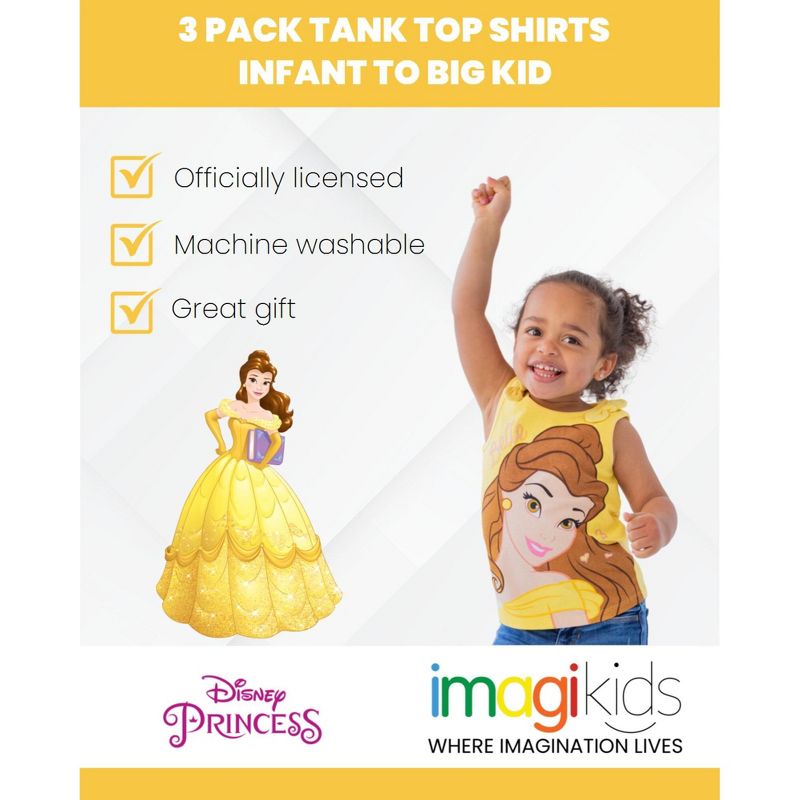 Disney Princess Cinderella Belle Moana Ariel Rapunzel Jasmine Baby Girls 3 Pack Tank Tops Infant to Little Kid, 2 of 8