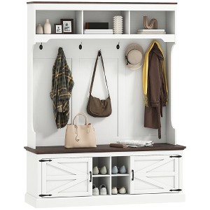 HOMCOM 3-in-1 Hall Tree with Shoe Storage, Standing Coat Rack with Shoe Bench, Entryway Furniture with Seven Hooks, White Wood Grain - 1 of 4