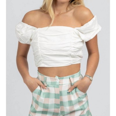 Women's LINEN PUFF SLEEVE OPEN-BACK CROP - MABLE