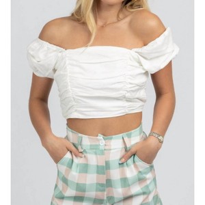 Women's LINEN PUFF SLEEVE OPEN-BACK CROP - MABLE - 1 of 4