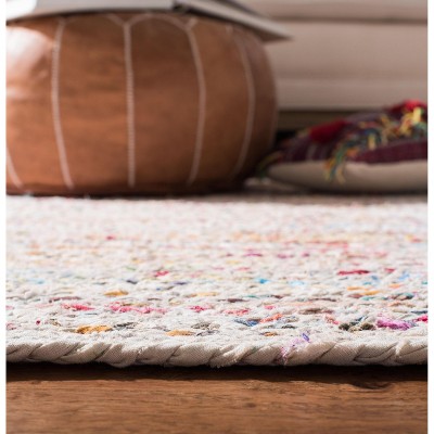 Ivory and Multicolor Handwoven Cotton Braided Reversible Square Rug, 8'x8'