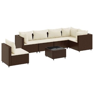 vidaXL 7 Piece Patio Lounge Set - Brown Poly Rattan with Cushions and Modular Design - Outdoor Garden Furniture for Backyard, Terrace or Patio - 1 of 4