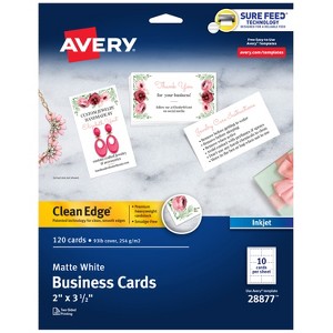Avery Clean Edge Printable Business Cards with Sure Feed Technology, 2" x 3.5", White, 120 Blank Cards for Inkjet Printers (28877) - 1 of 4