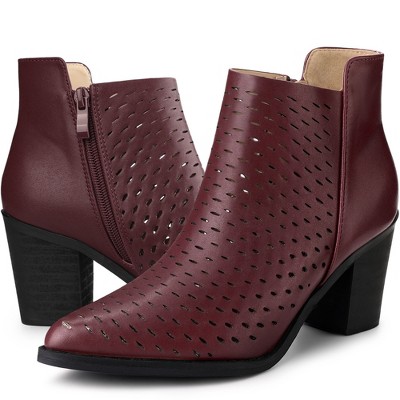 Allegra K Women's Perforated Chunky Heels Zipper Western Ankle Booties