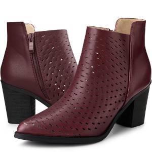 Allegra K Women's Perforated Chunky Heels Zipper Western Ankle Booties - 1 of 4