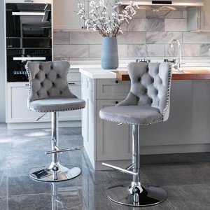 ORRD Gray Velvet Swivel Barstools (Set of 2) 25-33" Adjustable Height | Chrome Base | Tufted Back - 1 of 4