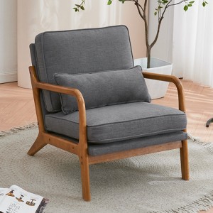 KTMBDW Accent Chair Wide Armrest Mid-Century Lounge Chair Linen Fabric Armchair with Lumbar Pillow & Oak Wood Frame for Living Room, Bedroom, Balcony - 1 of 4