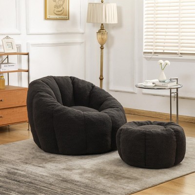 Bouclé Bean Bag Chair with Ottoman, Cozy Foam-Filled Lounge Chair for Adults, Upholstered Teddy Fabric Fuzzy Beanbag Chairs– Cuddlewood