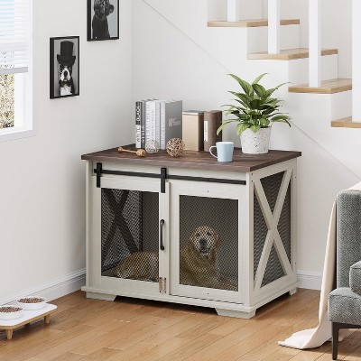Dog Crate Furniture with Sliding Barn Door, 37''Dog Cage Furniture, Wooden Dog Kennel End Table with Detachable Divider, Indoor Puppy Kennel