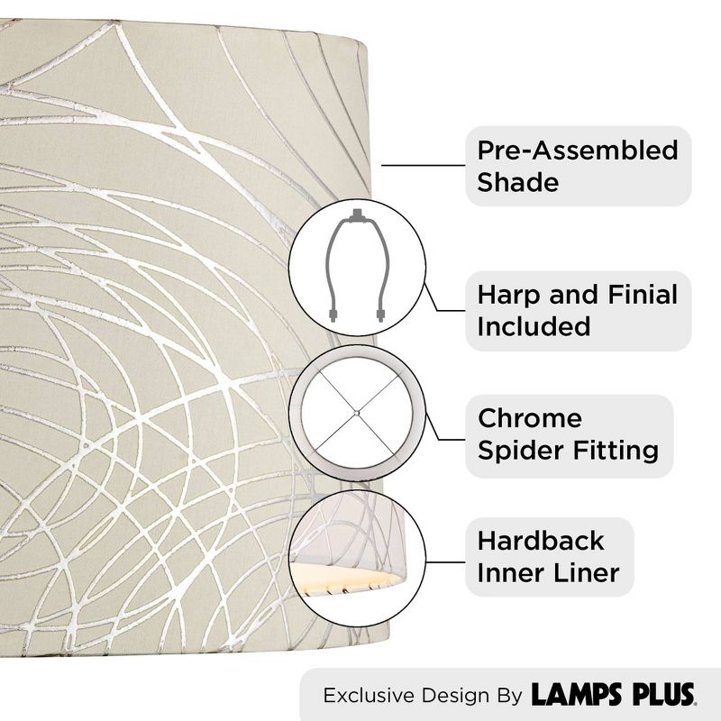 Springcrest Off-White with Silver Circles Medium Drum Lamp Shade 15" Top x 16" Bottom x 11" High (Spider) Replacement with Harp and Finial, 4 of 11