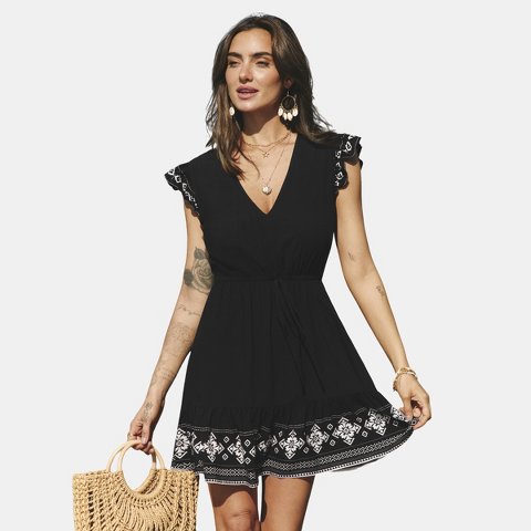 Женские платья Cupshe Women's Boho Chic V-neckline Mini Dress with Flared Hem-M-Black