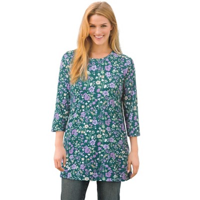 Woman Within Plus Size Perfect Printed Three-Quarter-Sleeve Scoopneck Tunic