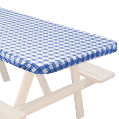 Blue and White Checkered Vinyl Fitted Tablecloth with Flannel Backing