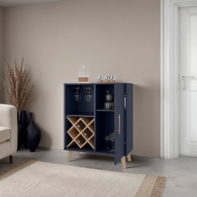 Airsurfer Modern Blue Bar Cabinet with Wine Rack and Storage Shelves, Liquor Cabinet with Door and Wood Legs for Dining Room or Living Room
