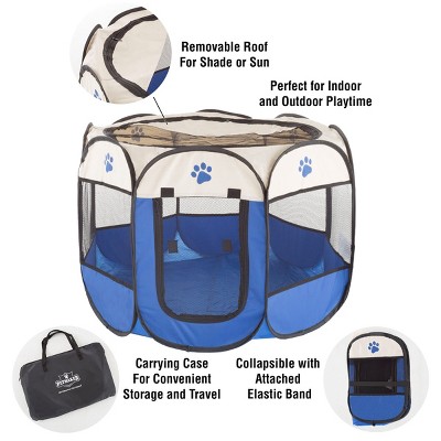 Blue Metal Mesh Pop-Up Pet Playpen with Carrying Case