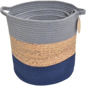 J&V TEXTILES Cotton Rope Storage Basket 3-Piece Set, Woven Laundry Hamper with Handle, Gray Navy Natural - 1 of 4