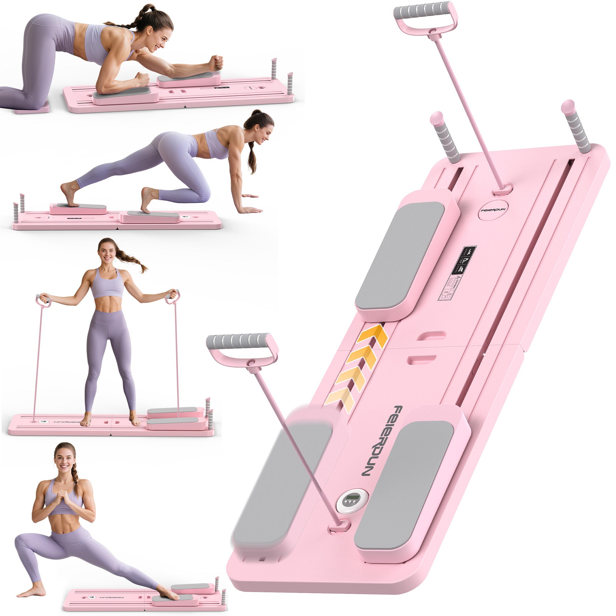 FEIERDUN 5 in 1 Folding Pilates Board, Pilates Reformer Set with 300 LBS Weight Capacity, Portable Home Pilates for Woman (Pink）