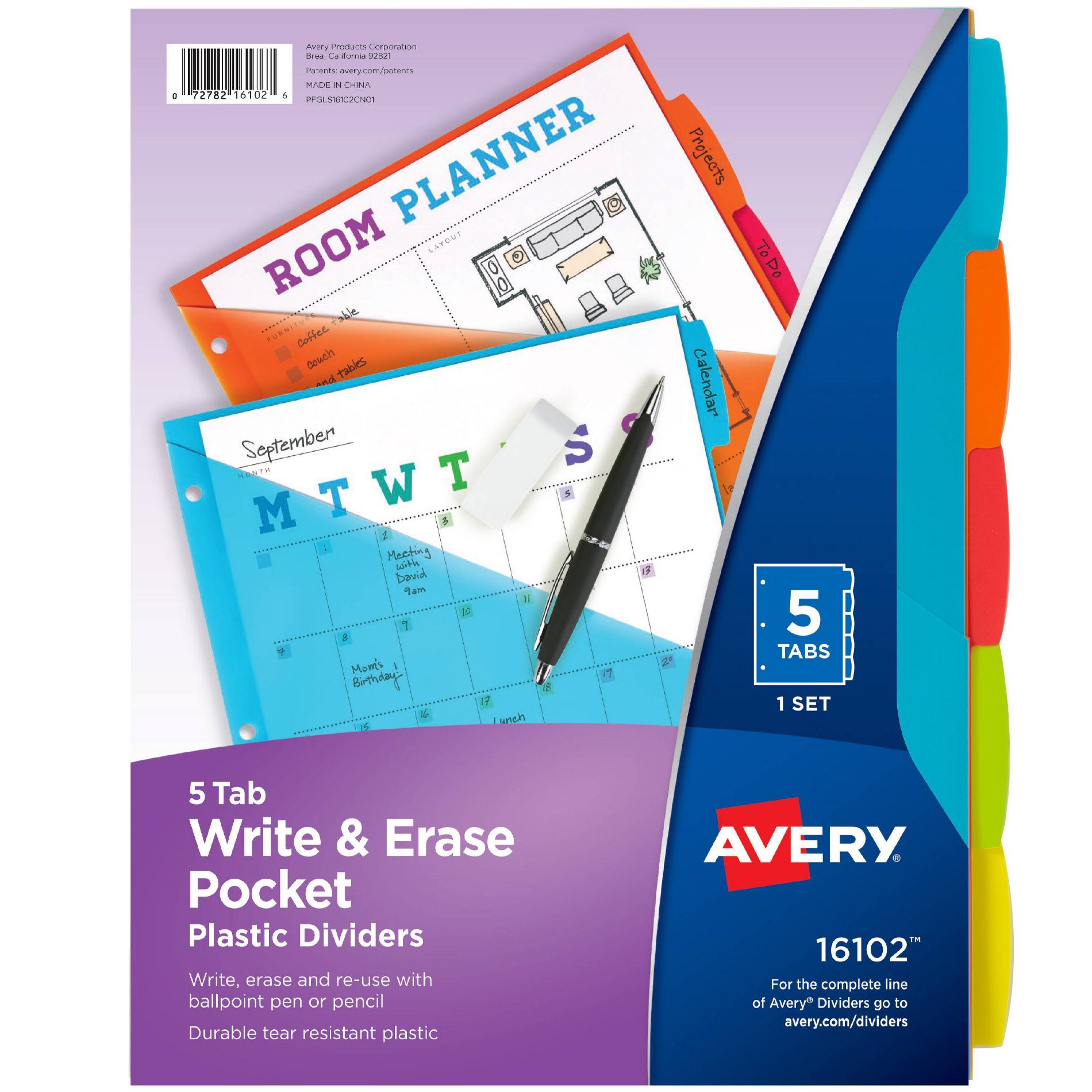 Avery 5ct Write & Erase Pocket Tab Plastic Divider Set: Multicolor Binder Dividers with Pockets, Filing Accessories