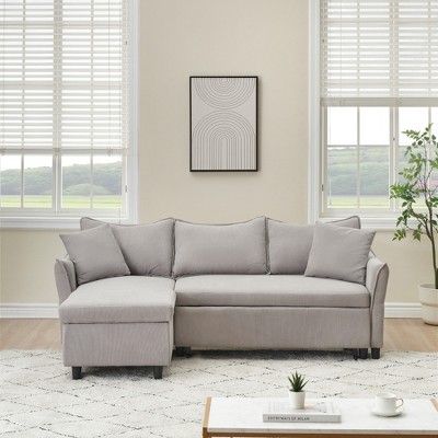 SKRAN 80" Sectional Sofa Couch with Pull Out Bed, Modern Upholstered L-Shaped Sleeper Sofa Bed with Storage Chaise & Throw Pillows, Corduroy(Gray)
