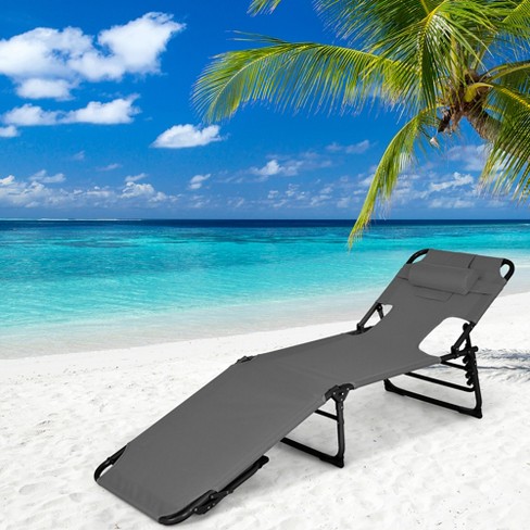 Costway Outdoor Beach Lounge Chair Folding Chaise Lounge With Pillow Grey Target