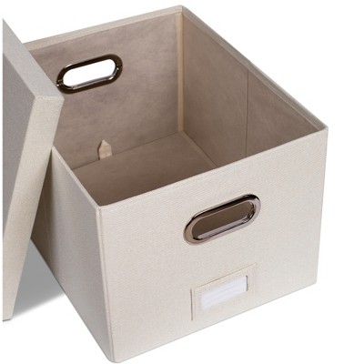 Cream Linen Collapsible File Storage Organizer with Lid