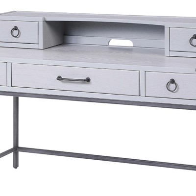 Gray Wood Writing Desk with Drawers and Metal Legs