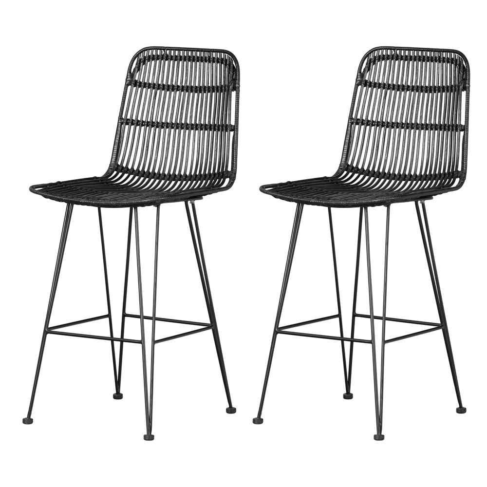 Photos - Chair Set of 2 Balka Rattan Counter Height Barstools Black - South Shore