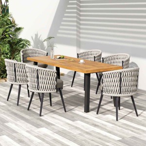 7 PCS Outdoor Dining Set with Acacia Wood Table, Dining Chair with Handwoven Rope and Backrest, Dining Chair with Metal Frame-Coolbibila - 1 of 4