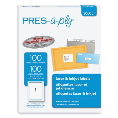 PRES-a-ply Labels, Laser Printers, 8.5 x 11, White, 100/Box