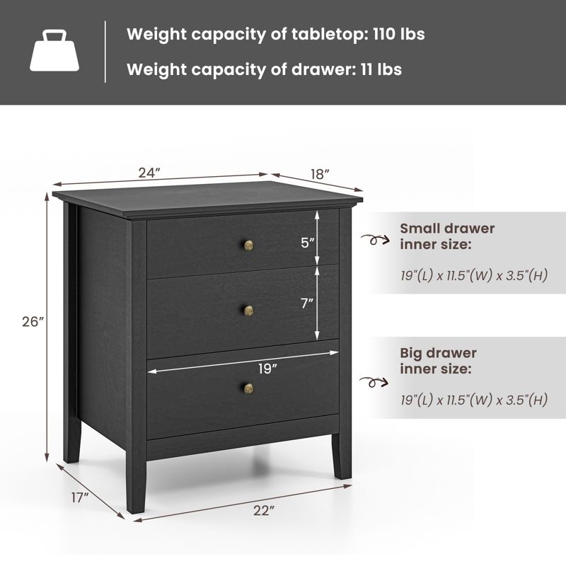 Costway Nightstand Beside End Side Table Accent Table Organizer W/3 Drawers Black, 3 of 11