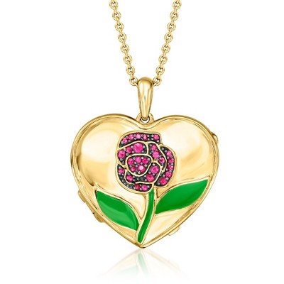 Ross-Simons 0.20 ct. t.w. Ruby Rose Heart Locket Necklace With Green Enamel in 18kt Gold Over Sterling Size 18