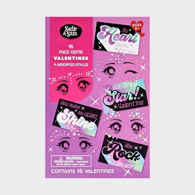 Sadie & Sam 16ct Pop Star Gem Face Decals Valentine's Day Classroom Exchange Cards