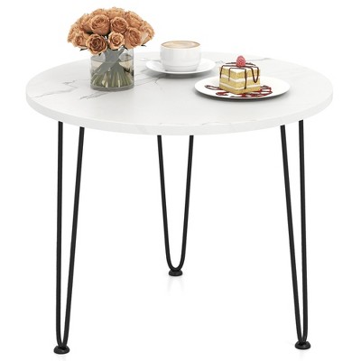 Tangkula Small Round Coffee Table w/ Thickened Tabletop & Metal Tripod Legs Faux Marble White