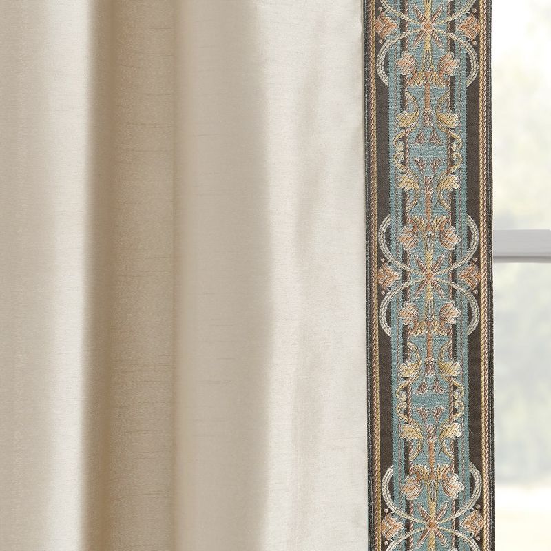 Luxury Traditional Regency Faux Silk Border Trim Window Curtain Panel Neutral/DustyBlue Single 52x84, 4 of 6