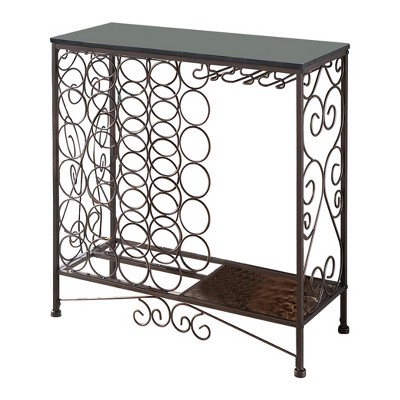 Bronze Metal and Faux Marble Wine Rack Table with Glass Storage