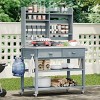 65''H Fir Wood Farmhouse Rustic Outdoor Potting Bench Table With Lockable Wheels,Upper Hutch,Stainless Steel Top And Towel Rack -Maison Boucle - 3 of 4