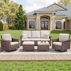 Buenhomino 5-Piece Swivel Patio Set with Sofa & Ottomans, PE Wicker Outdoor Furniture with Cushions & Steel Frame - 1 of 4