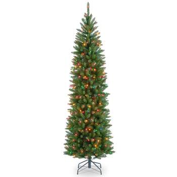 National Tree Company 7.5 ft Artificial Pre-Lit Slim Christmas Tree, Green, Kingswood Fir, Multicolor Lights, Includes Stand