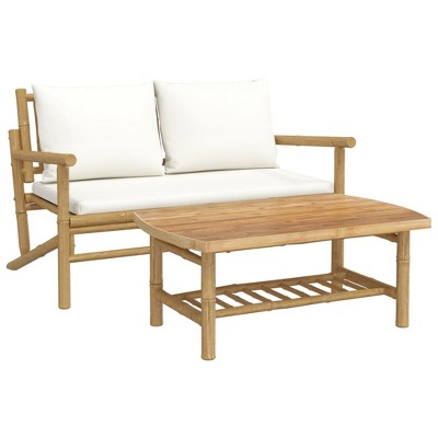 Cream White Bamboo 2-Piece Patio Lounge Set with Cushions