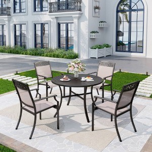 5pc Outdoor Dining Set with Sling Chairs & Metal Round Table with Umbrella Hole - Black - Captiva Designs: Weather-Resistant, Powder-Coated - 1 of 4