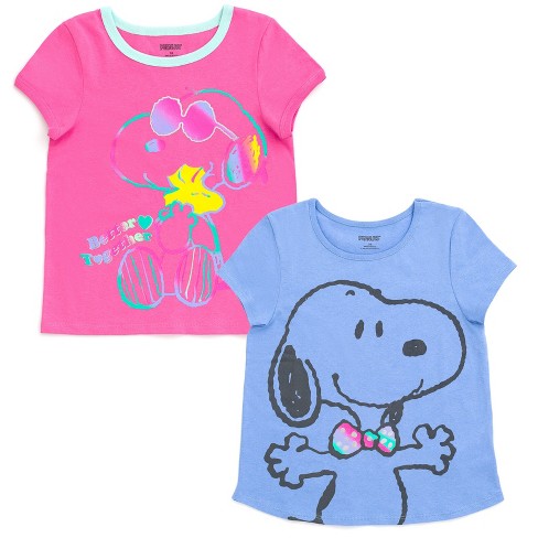 Snoopy Peanuts Woodstock Big Girls 2 Pack T-shirts Pink / Blue 10