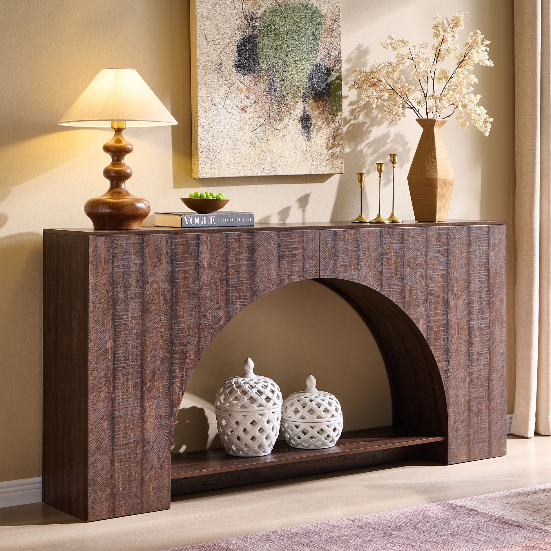 Console Table with Arched Open Shelf, 63" Modern Console Table with Storage, Narrow Console Table for Entryway Living Room