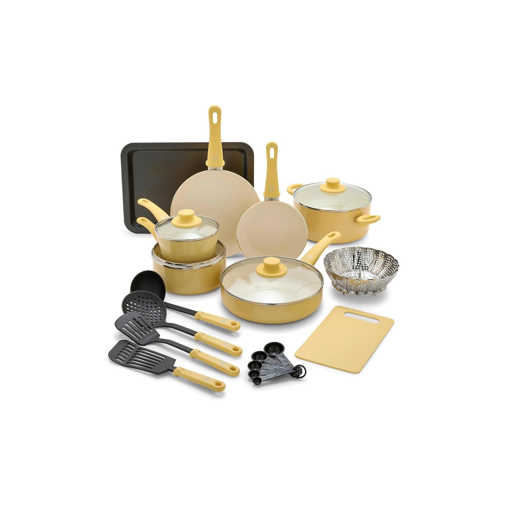 GreenLife Soft Grip Nonstick Ceramic 18-Piece Cookware Pots/Frying Pans Set Yellow